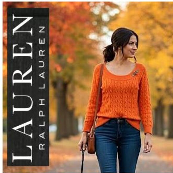 LAUREN by RALPH LAUREN - Classic cable knit scoop neck orange sweater - Picture 1 of 10